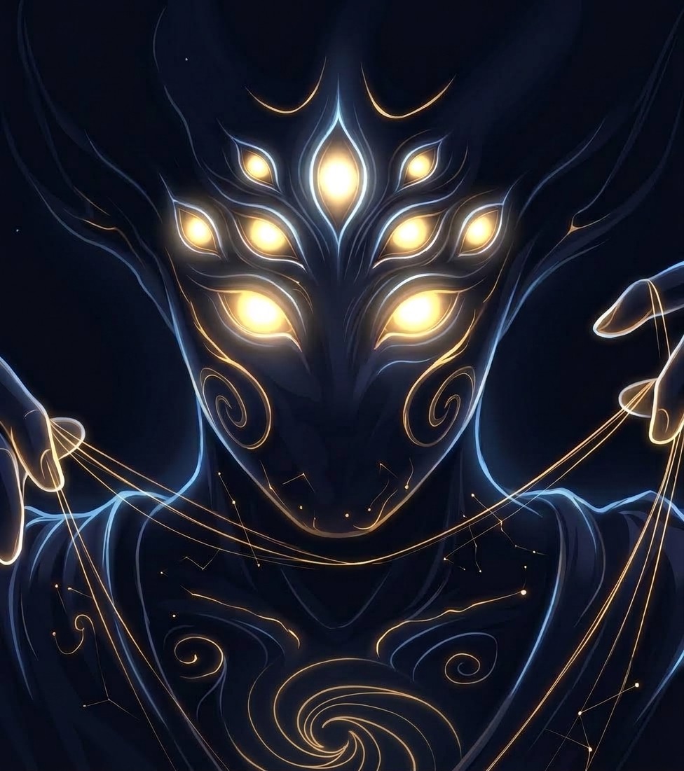 Tecelon: a many-eyed weaver drawing golden threads through the dark